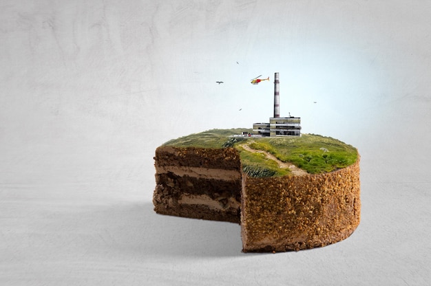Industriekraftwerk mit Schornstein auf Kuchen. Gemischte Medien