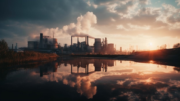 Industrielandschaft mit Schornsteinen und Fabriken, die Kohlenstoffemissionen ausstoßen, was die negativen Auswirkungen des Klimawandels auf die Luftqualität darstellt. Generative KI