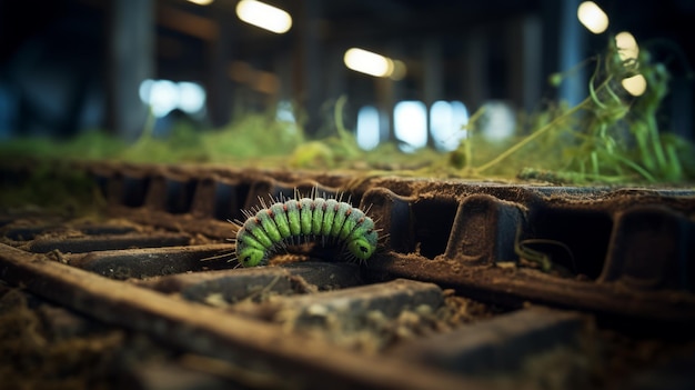 Industriell inspirierte grüne Raupe, die in Bahngleisen krabbelt