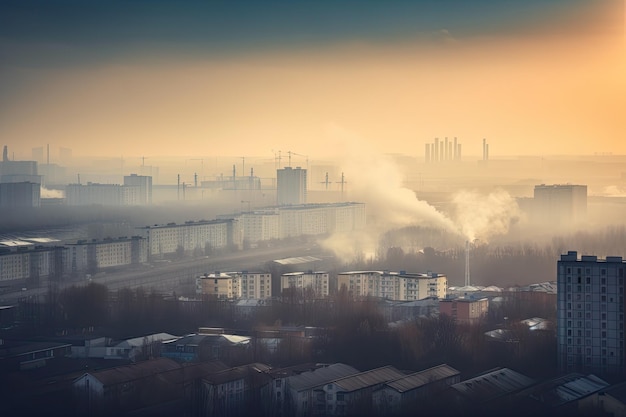 Foto industriell versmogte skyline mit rauch und dunst aus fabrikschornsteinen