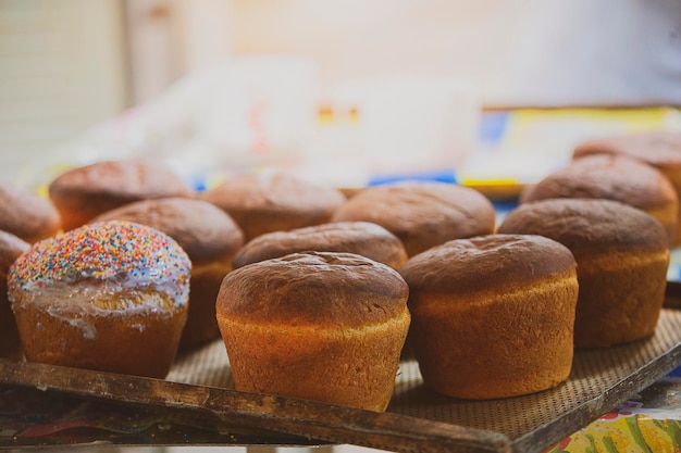 Industrielle Herstellung von Brot Viele Backwaren auf Paletten Frisch gebackene Brötchen Bäckerei