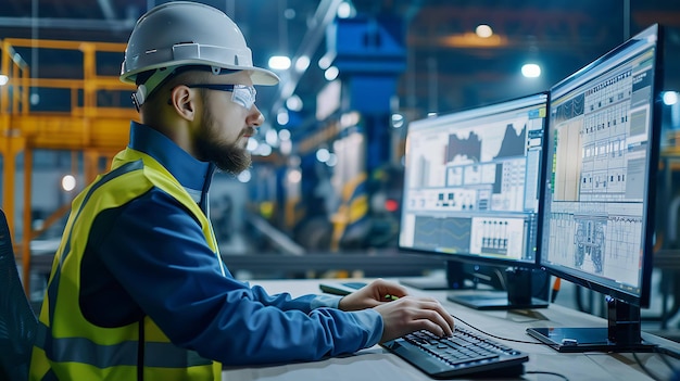Industrielle Ingenieur mit Hut und Sicherheitsbrille arbeitet an einem Computer-Arbeitsplatz im Fabrikkontrollraum