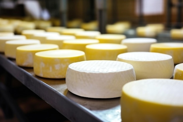 Industrielle Käseproduktion Käse auf dem Förderband in der Industriewerkstatt der Molkerei