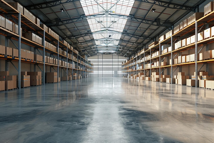 Foto industrielle lageranlage mit gestapelten kisten, logistik- und vertriebszentrum
