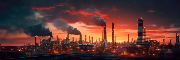 Industrielle Landschaft mit einer Ölraffinerie vor dem Hintergrund eines lebendigen Sonnenuntergangs mit Flammen und Rohren