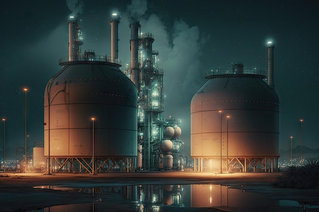 Industrielle Ölverarbeitung von Tanks bei Nacht im Raffineriekomplex, der mit generativer KI erstellt wurde