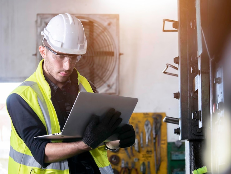 Foto industrielle männliche ingenieur trägt einen hardhat-helm, während er mit einem laptop arbeitet