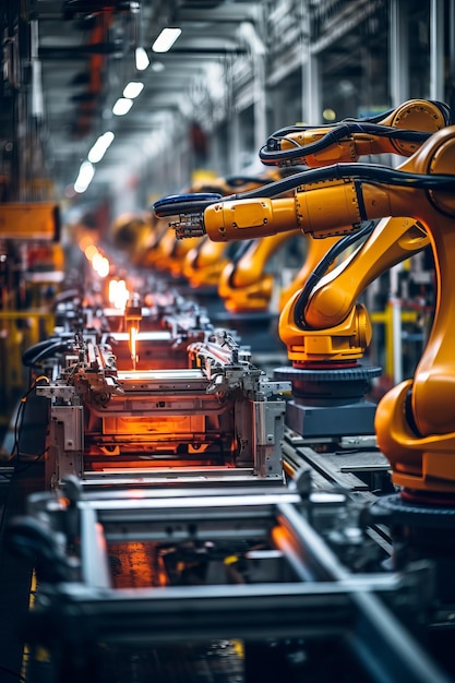 Industrielle Roboter schweißen Autoteile in einer modernen Fabrik