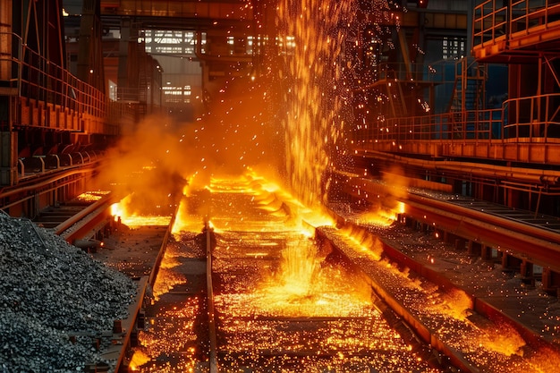 Industrielle Stahlfabrik Hochofen Gießen geschmolzenes Eisen mit Funken und leuchtenden orangefarbenen Flammen