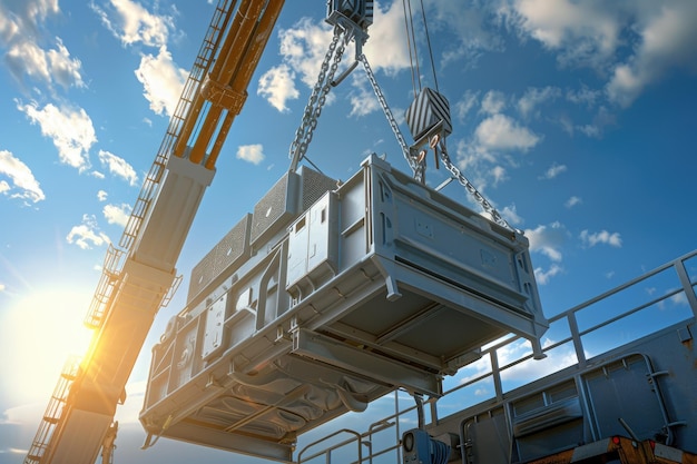 Industrieller Kran, der einen elektrischen Generator gegen Sonnenlicht und blauen Himmel betätigt und hebt