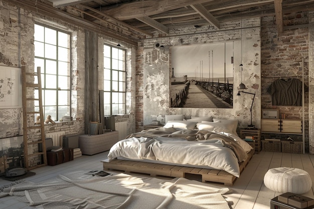 Industrielles Loft-Schlafzimmer mit Plattformbett und Ex