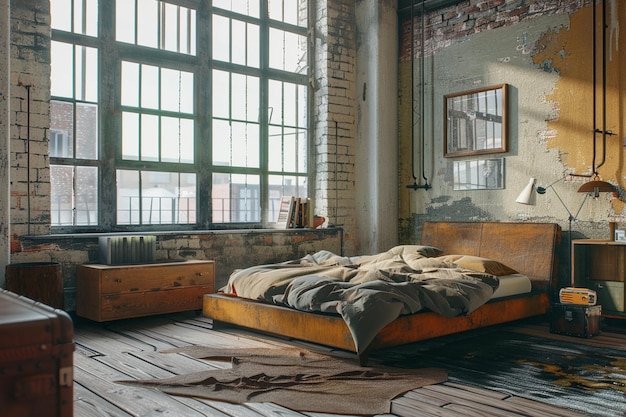 Industrielles Schlafzimmer auf dem Dachboden mit Metallbettrahmen Octan