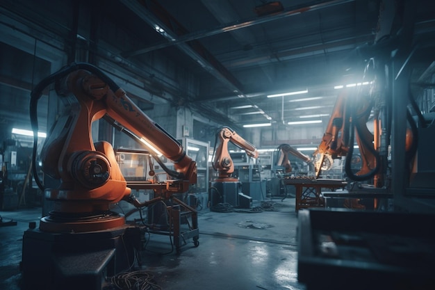 Industrieroboter in einer Lagerhalle mit blauem Hintergrund