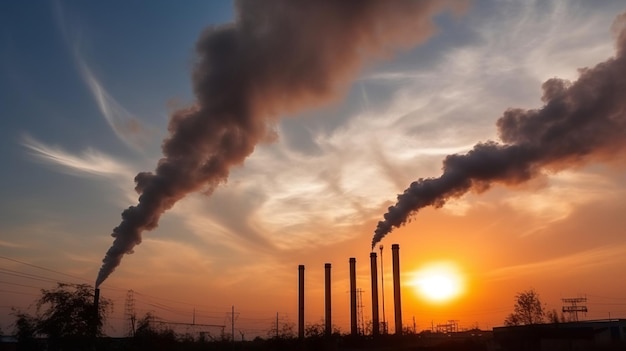 Industrieschornsteine mit dichtem Rauch, der Luftverschmutzung am Himmel bei Sonnenuntergang verursacht