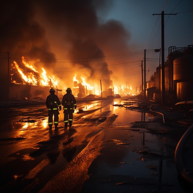 Industrieszene Feuerwehrleute setzen Twirl-Nebel ein, um Ölbrände zu bändigen und ein potenzielles Inferno für Socia einzudämmen