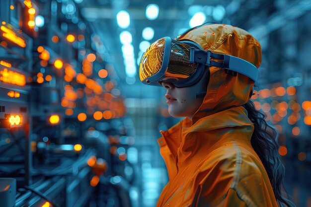 Industrietechniker mit VR-Headset inmitten von Maschinen mit orangefarbenem Glanz