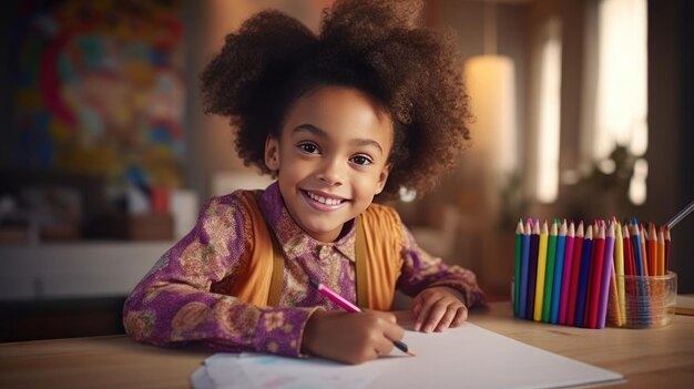 Foto infância colorida, jovem afro-americana desenha apaixonadamente em casa com lápis de cor