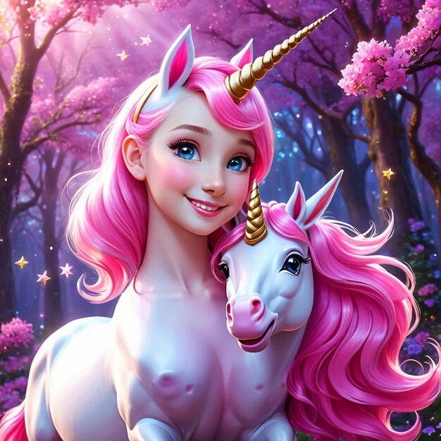 Infancia encantada Una fantasía rosa con una chica y un unicornio