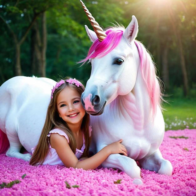 Infancia encantada Una fantasía rosa con una chica y un unicornio