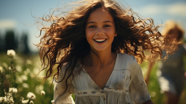 Infância feliz Retrato de uma linda garotinha com cabelos longos e encaracolados no campo generative ai