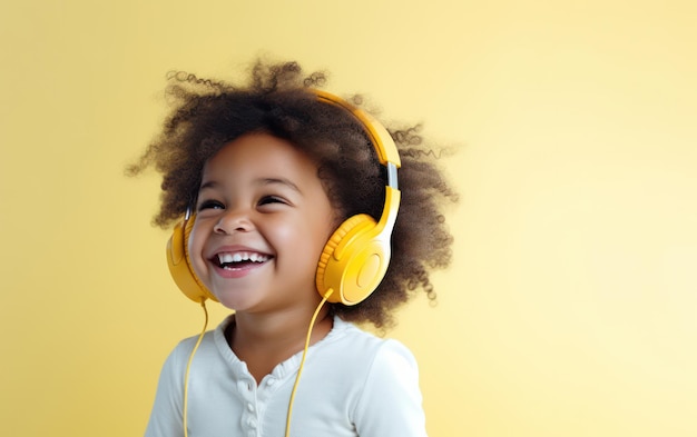 Infância musical Um retrato de meninas bonitas ouvindo o som da felicidade com fones de ouvido amarelos bonitos