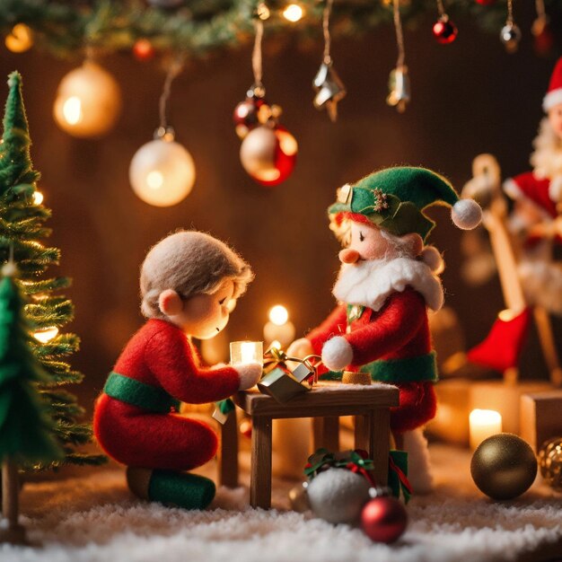 La infancia navideña y el concepto de la gente sonriendo con Santa Claus en el fondo