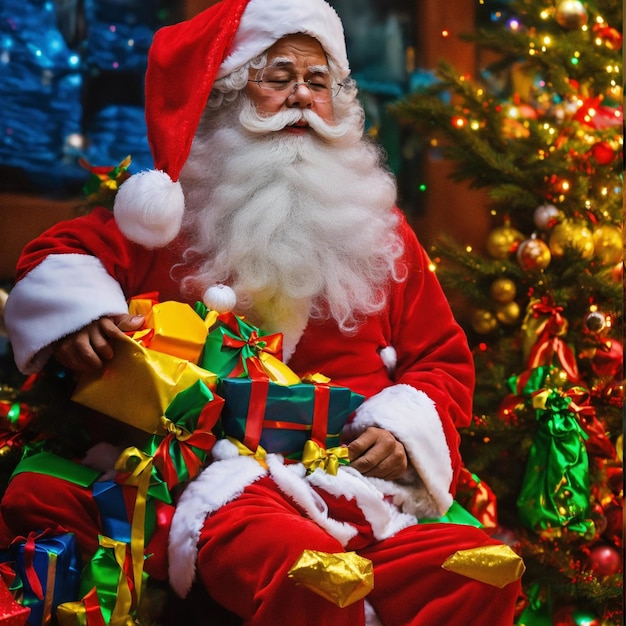 La infancia navideña y el concepto de la gente sonriendo con Santa Claus en el fondo