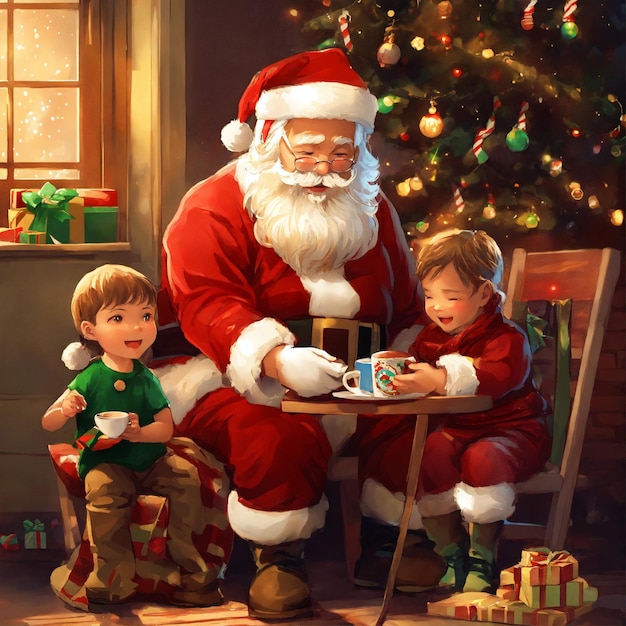 La infancia navideña y el concepto de la gente sonriendo con Santa Claus en el fondo