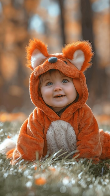 Infante de contenido adorable arrastrándose en el césped de un parque mientras lleva un disfraz de zorro