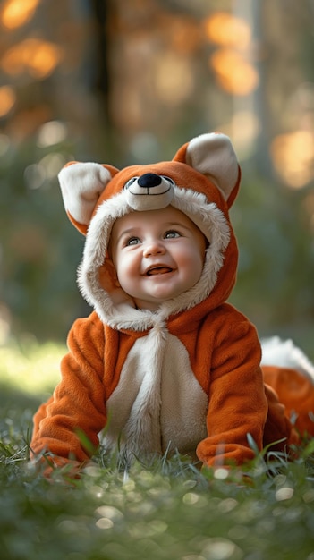 Infante de conteúdo adorável rastejando no gramado de um parque vestindo um traje de raposa