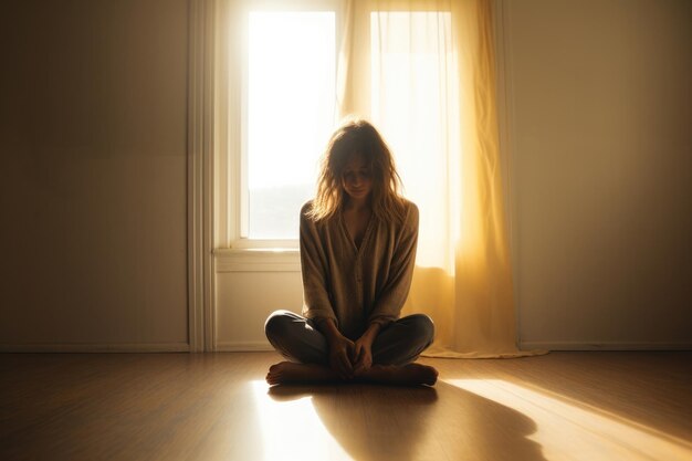 Infeliz mujer solitaria deprimida en casa está sentada en una habitación vacía concepto de depresión al atardecer