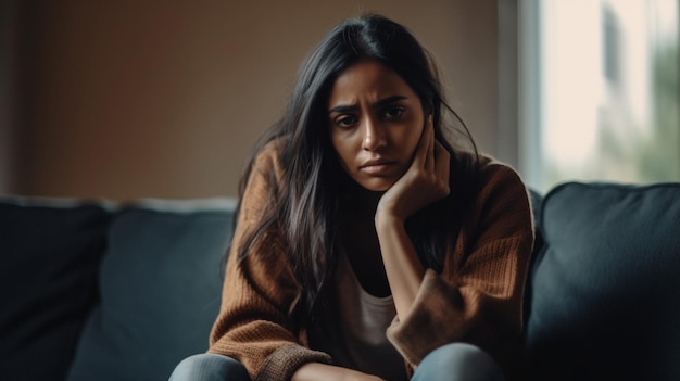 Infeliz mulher indiana deprimida, segurando a cabeça nas mãos, sentada sozinha no sofá em casa, jovem estressada preocupada com relacionamento ruim