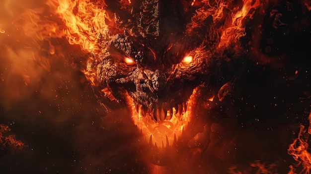 Infernal Dragon39s Wut Drachen Feuer mythische Fantasie Flammen heftige leuchtende Augen Zorn fantastische Kraft höllische Bestie Kreatur legendäre Brennkolben heiße orange rote Hitze