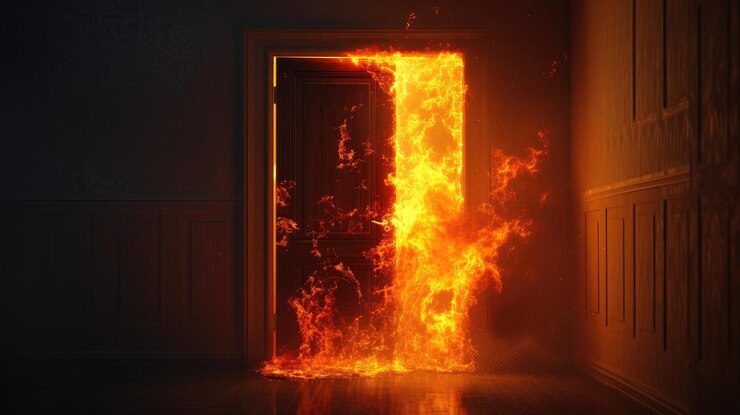 Foto inferno dentro de porta aberta em chamas