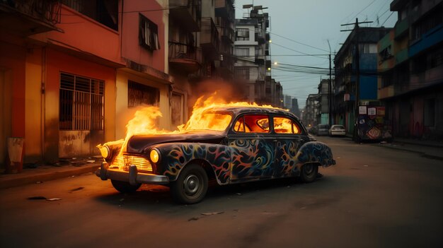 Inferno desencadeou um veículo em chamas engolido em chamas no asfalto