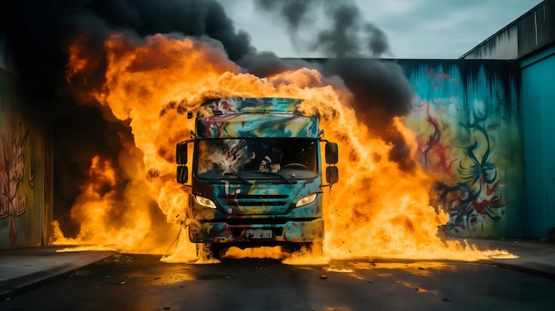 Inferno löste ein brennendes Fahrzeug aus, das in Flammen auf dem Asphalt vergraben war