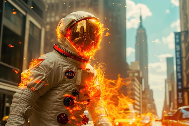 Inferno Trek-Astronauten überqueren die Skyline von New York