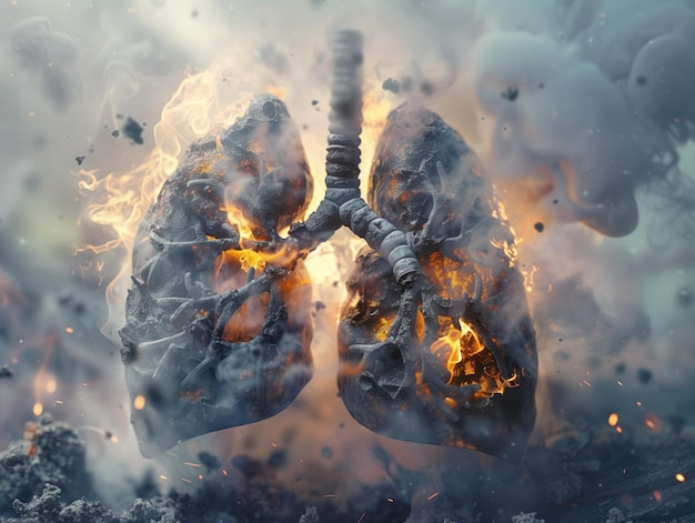 Inferno Within Una poderosa metáfora visual que representa pulmones inflamados con fuego y humo que simboliza el efecto destructivo del tabaquismo o la contaminación del aire en el sistema respiratorio