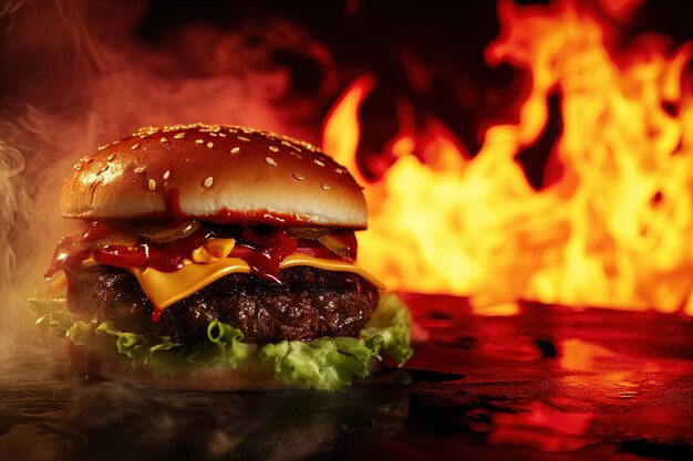 Foto el infierno de la hamburguesa de queso demoníaca en llamas de fondo