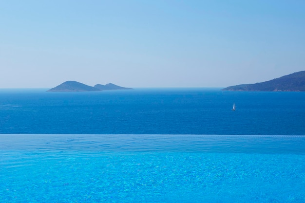 Infinity-Pool mit Meer an hellen Sommertagen