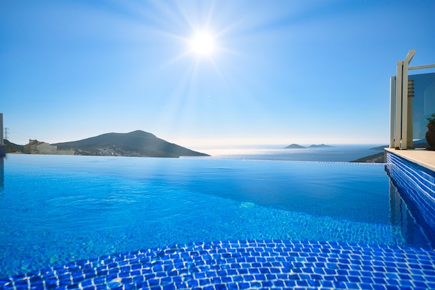 Infinity-Pool mit Meer- und Meerblick auf blauem Himmelshintergrund Sommerurlaub