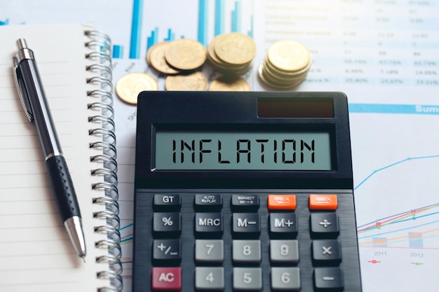 INFLACIÓN palabra en la calculadora El concepto de disminución de la inflación del poder adquisitivo