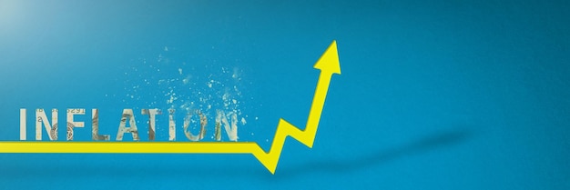 Inflación aumento de la inflación crisis financiera mundial flecha amarilla en el gráfico que indica el crecimiento de los precios