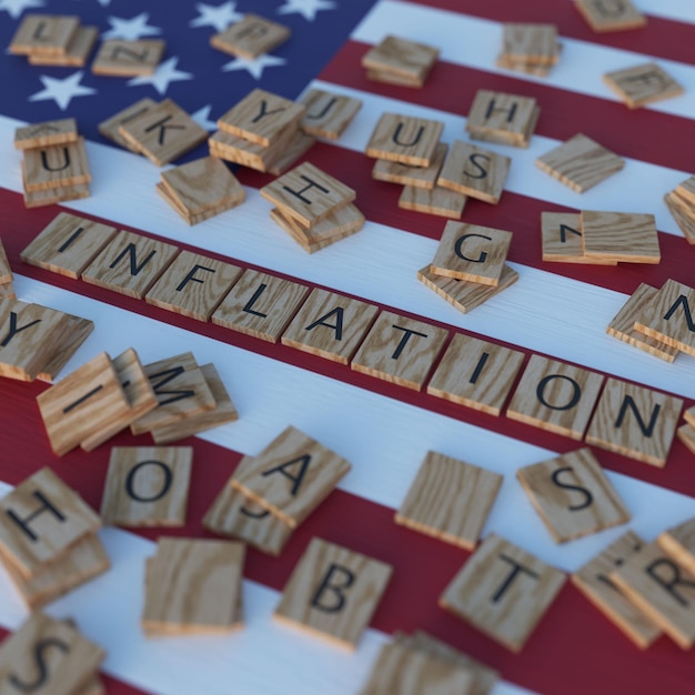 Foto la inflación en los estados unidos américa con letras de scrabble