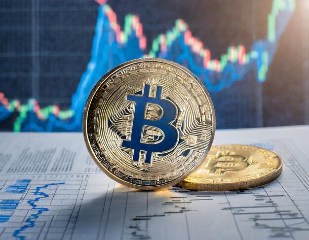 Inflationskonzept blaue Bitcoin-Münze auf dem sinkenden Preisdiagramm