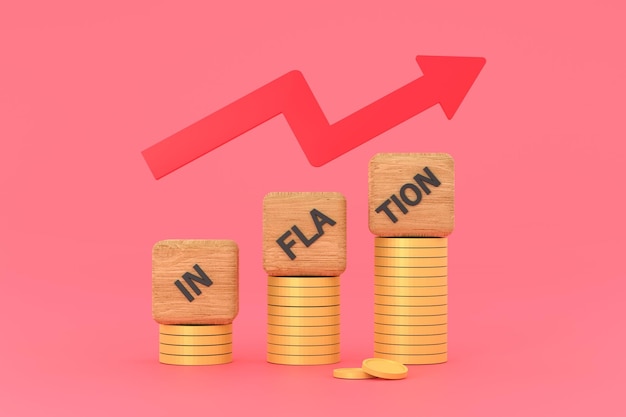 Inflationswort auf einem Holzwürfel auf Münzen in Ideenweltwirtschaft und Inflationskontrolle