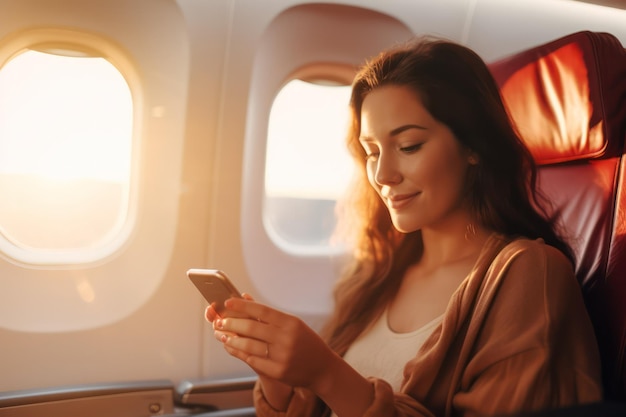 InFlight Digital Experience Passagier nutzt Smartphone vor verschwommenem Flugzeuginnenraum