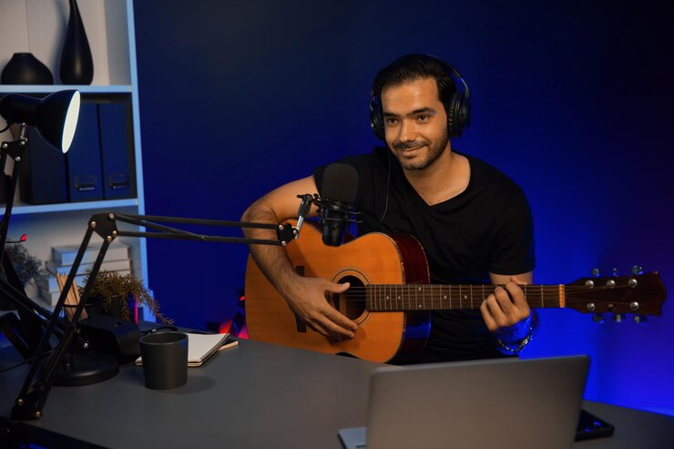 Foto influencer audio creativo en transmisión en vivo con cantar con tocar la guitarra surmise