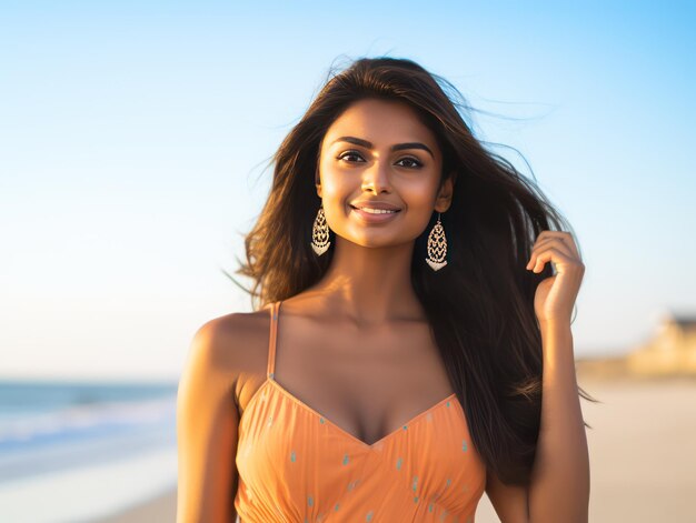 Influencer de belleza india captura la esencia relajada de la playa con ropa informal junto al mar