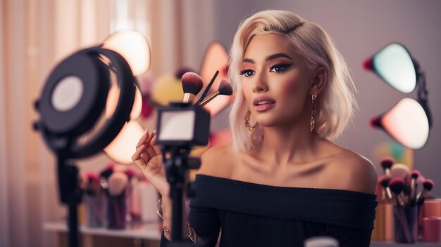 Foto influencer rubia grabando un video de maquillaje